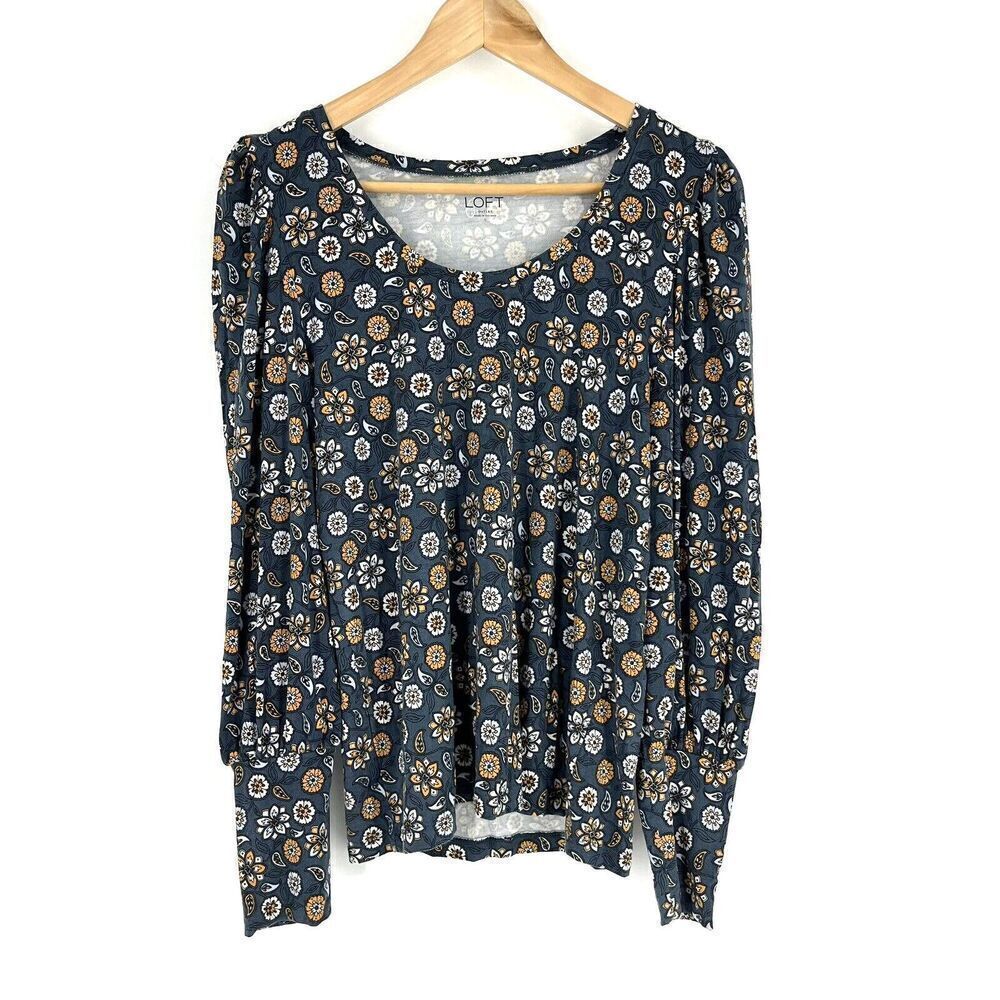 Loft Outlet T Shirt Size Small Blue Floral Print Long Sleeve Knit Top Boat Neck